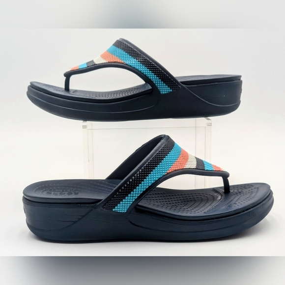 Crocs Monterey Bead Strap Wedge Flip Sandals Navy Blue Multicolor Women's 9 - Picture 3 of 12